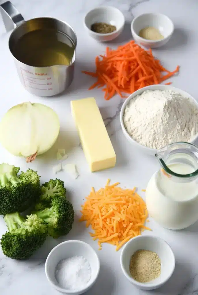 Copycat Panera Broccoli Cheddar Soup for Cozy Dinners 7 Ingredients for homemade broccoli cheddar soup including broccoli florets, cheddar cheese, carrots, onions, and cream