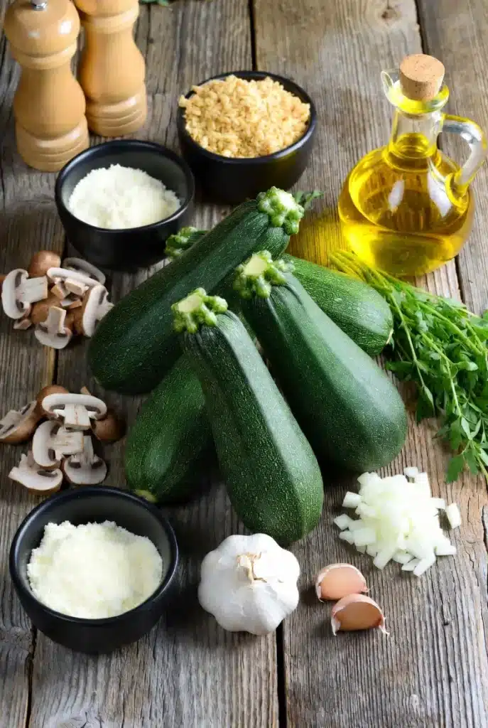 Mushroom & Herb Stuffed Zucchini Boats Recipe 7 Fresh zucchini, mushrooms, garlic, herbs, breadcrumbs, and cheese on a kitchen counter