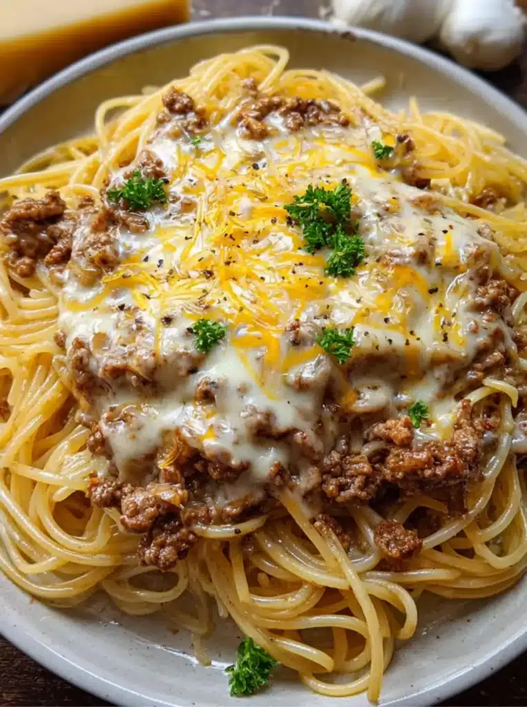 Bowl of spaghetti mixed with seasoned beef and buttery garlic sauce