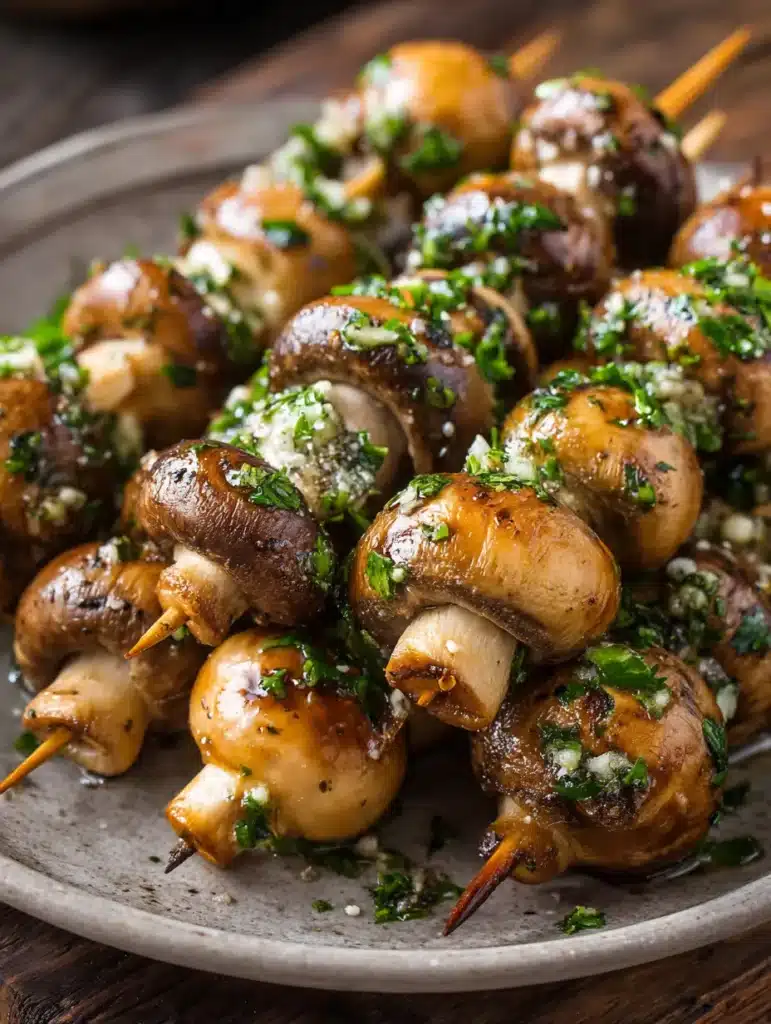 Golden grilled skewers garnished with herbs and served on a platter