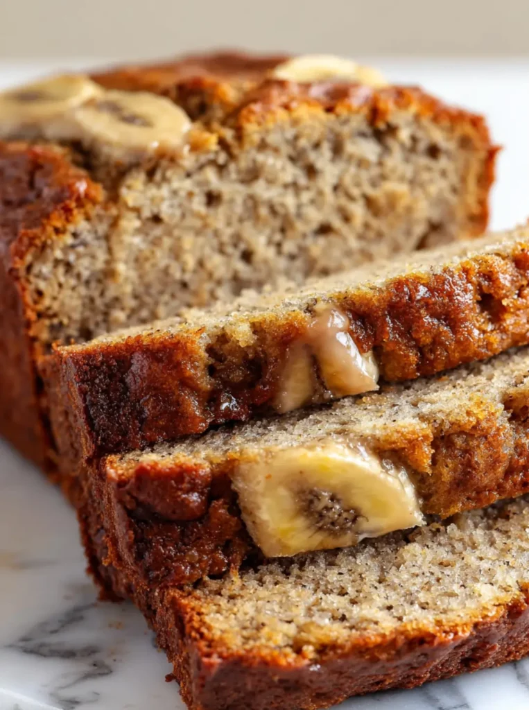 Thick slices of soft banana oat loaf served on a cooling rack