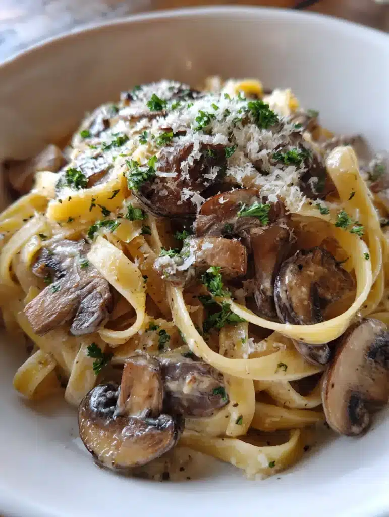 Bowl of creamy pasta topped with parmesan cheese and fresh herbs