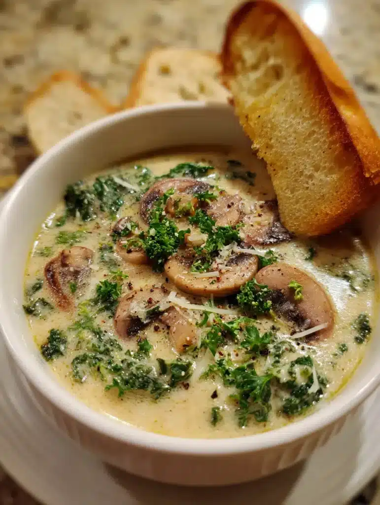 Bowl of creamy vegetable soup served with toasted artisan bread