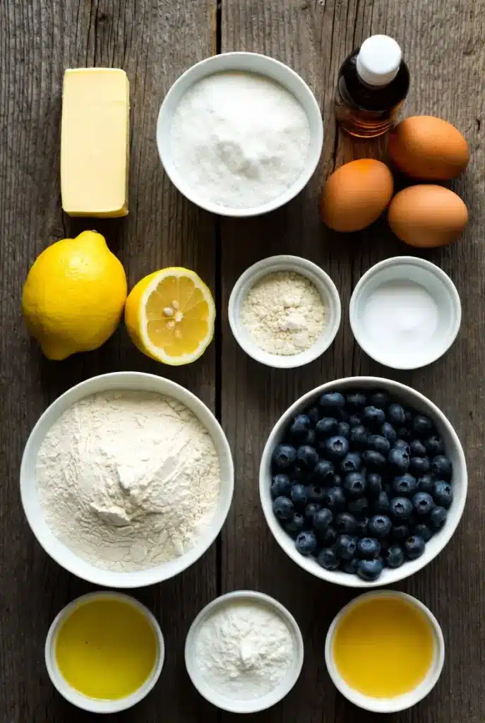 Butter, eggs, flour, blueberries, lemons, sugar, and milk arranged on a kitchen counter