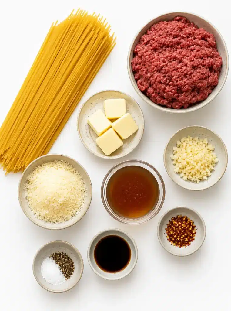 Spaghetti, ground beef, garlic, butter, parmesan, and herbs on a kitchen counter
