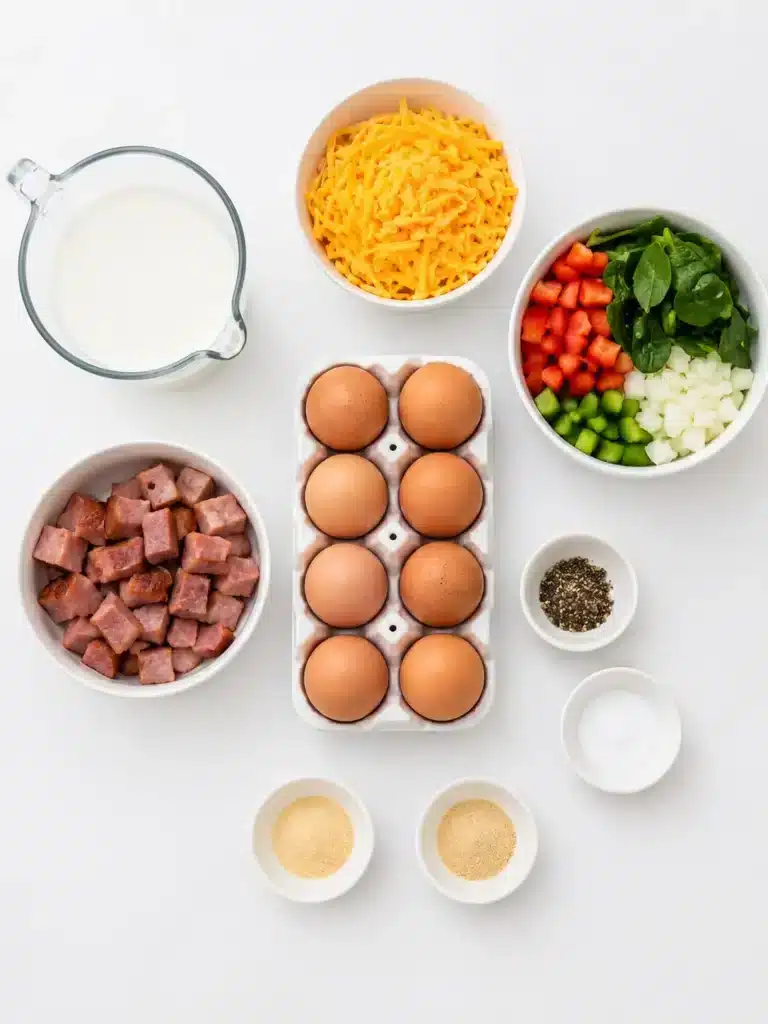 Egg Bake Casserole: A Wholesome Breakfast Delight 7 Eggs, shredded cheese, milk, vegetables, and seasoning arranged on a kitchen counter