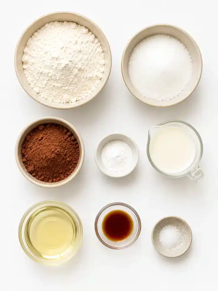 Measuring spoons with flour, cocoa powder, sugar, milk, and oil for a chocolate mug cake