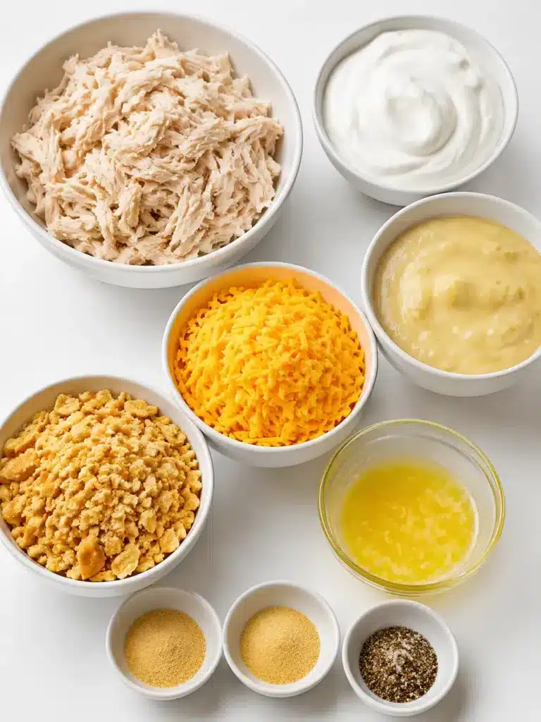 Shredded chicken, cheese, sour cream, crackers, butter, and cream soup on a kitchen table