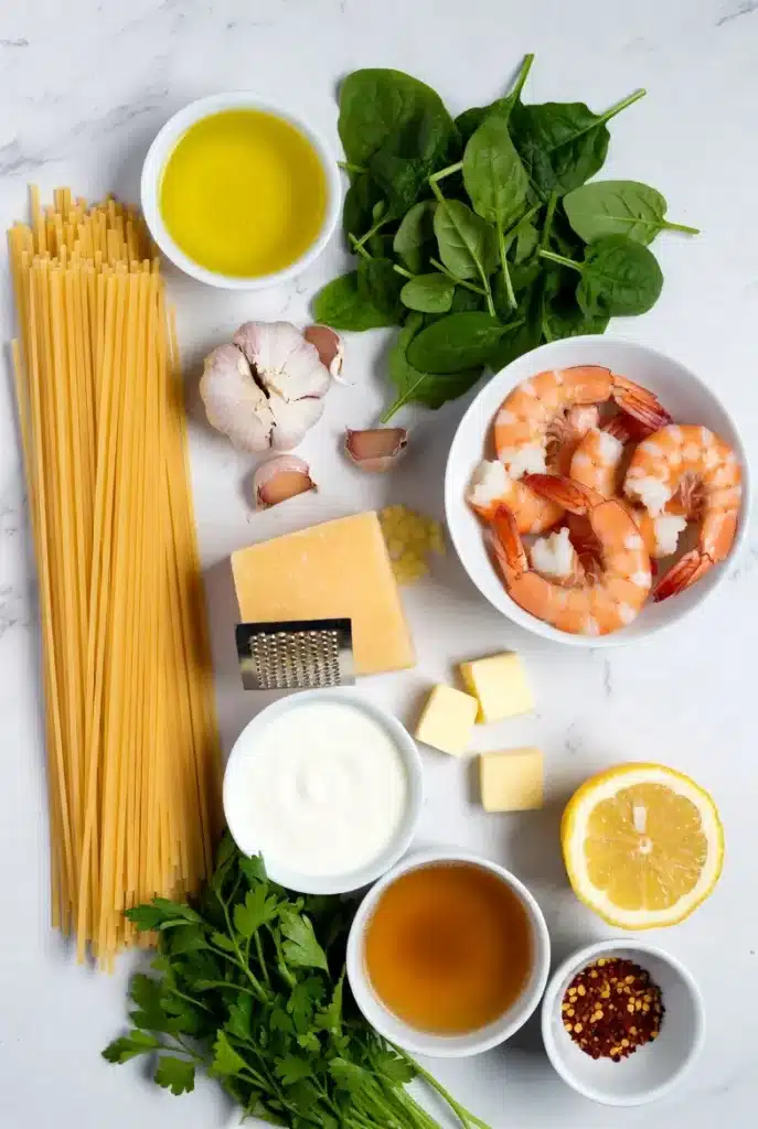 Savory and Delightful Cheesy Garlic Shrimp Pasta 7 Raw shrimp, pasta, garlic, parmesan cheese, cream, and herbs on a countertop