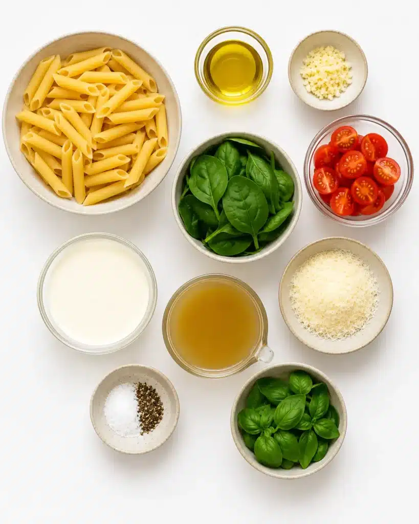 Fresh ingredients including pasta, spinach, sun-dried tomatoes, garlic, cream, and Parmesan cheese