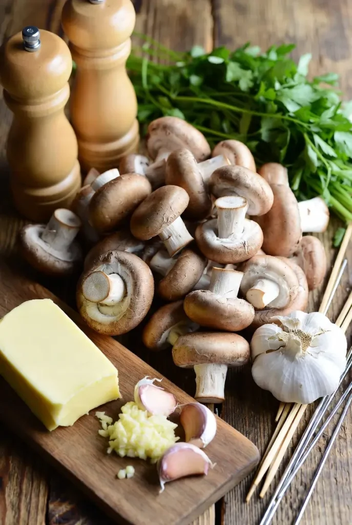 Fresh mushrooms, garlic cloves, butter, parsley, skewers, and seasoning on a wooden board