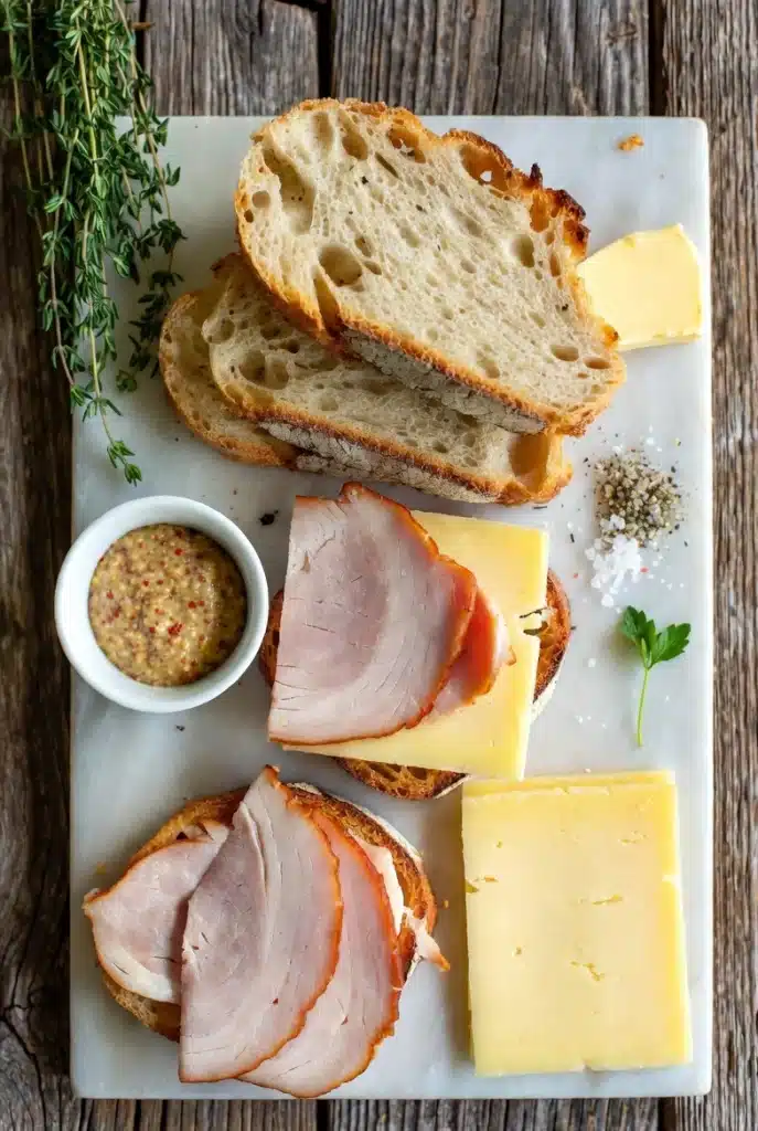 Bread slices, cheese, ham, butter, milk, and flour arranged on a kitchen table