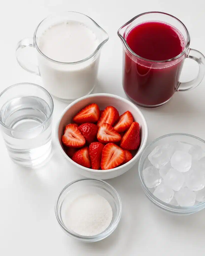 Coconut milk, strawberry slices, ice cubes, berry juice, and freeze-dried fruit on a counter
