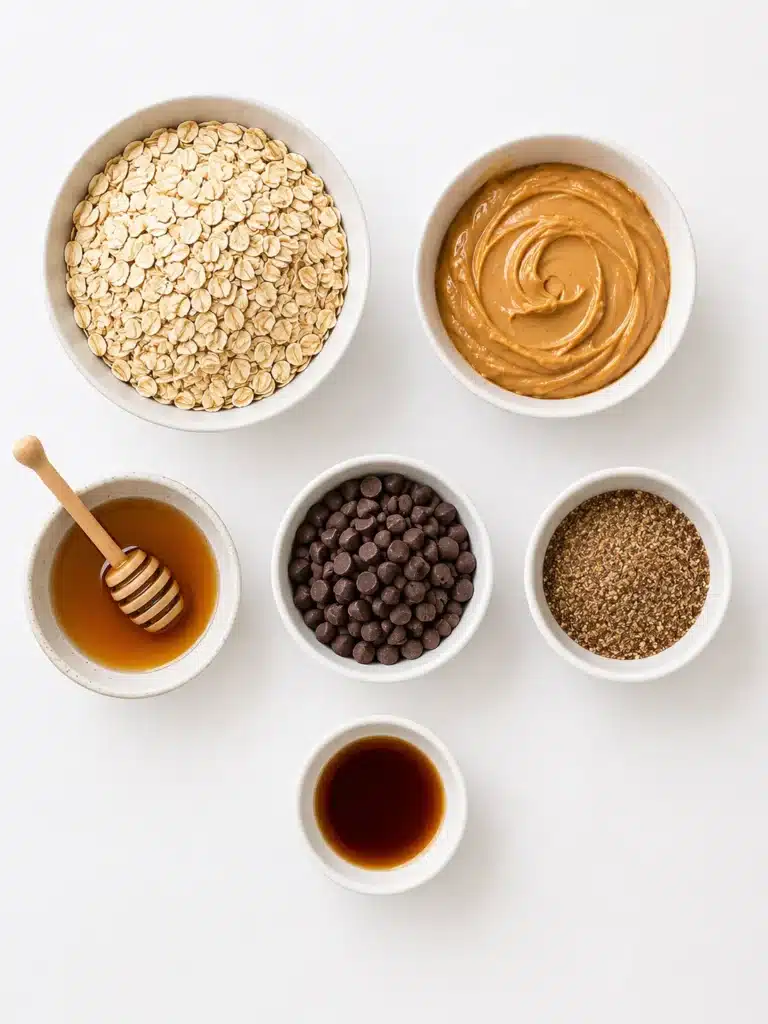 Quick and Easy No-Bake Energy Balls Recipe 7 Rolled oats, peanut butter, honey, chia seeds, and chocolate chips on a wooden surface