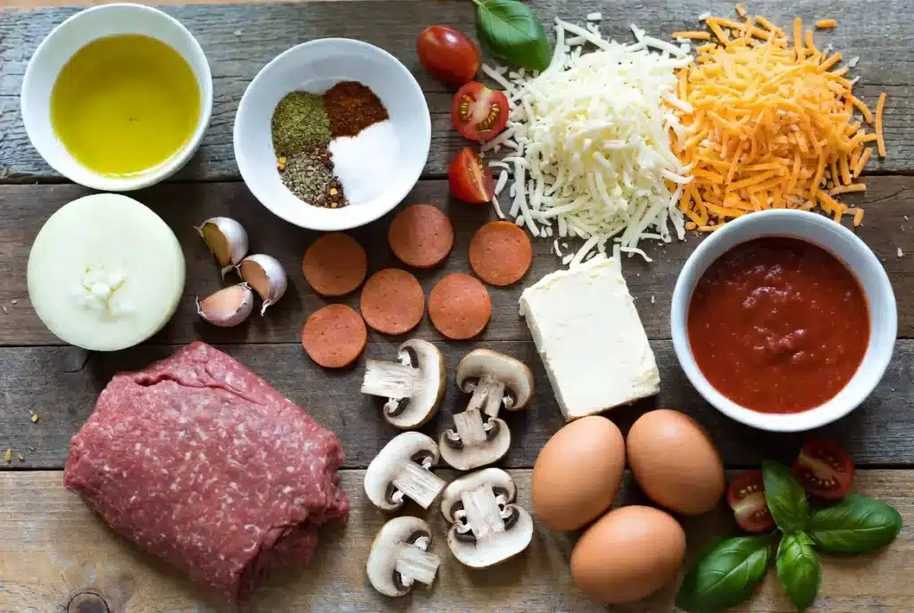 Ingredients for cheesy pizza casserole bake arranged on a marble surface
