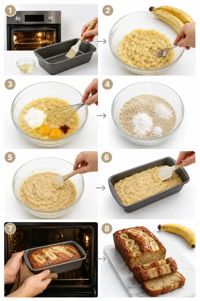 Banana batter being mixed in a bowl with oats and yogurt