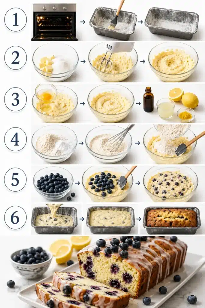 Cake batter being mixed in a bowl with fresh blueberries folded into the mixture
