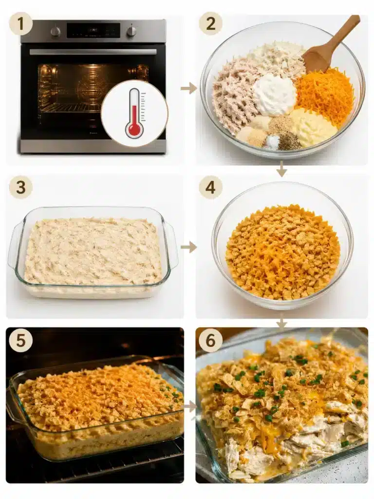 Creamy chicken mixture spread into a baking dish with cracker topping before baking
