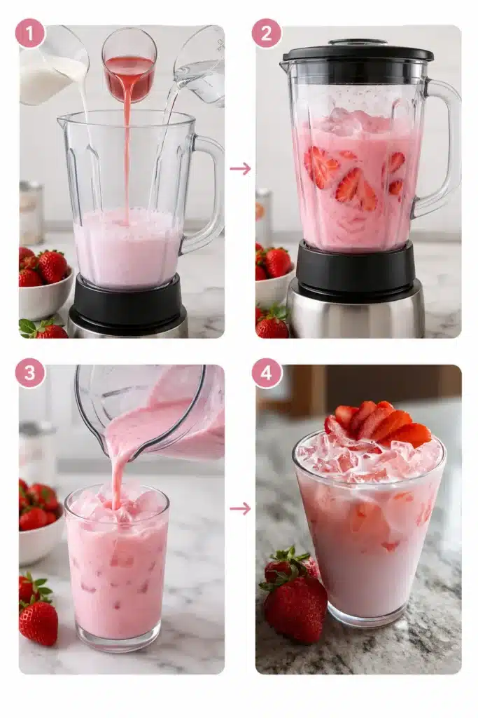 Pink beverage being mixed with ice and fruit in a tall glass