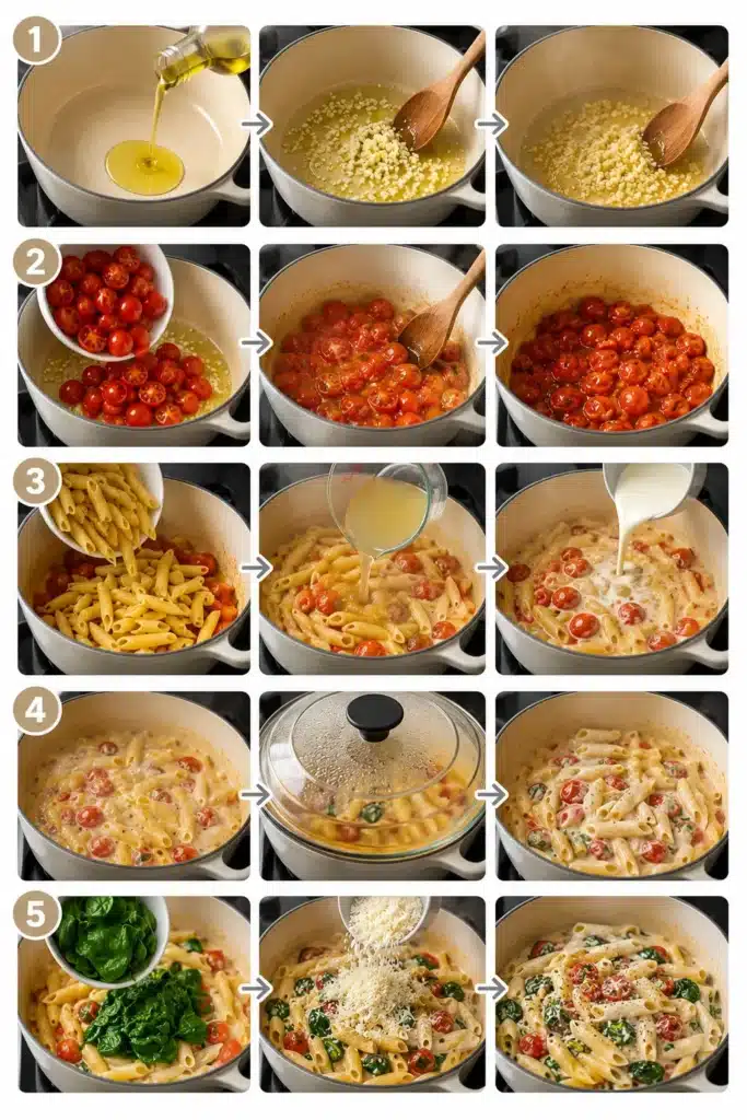Cooking steps showing sautéing vegetables, adding pasta, and stirring creamy sauce in a pot