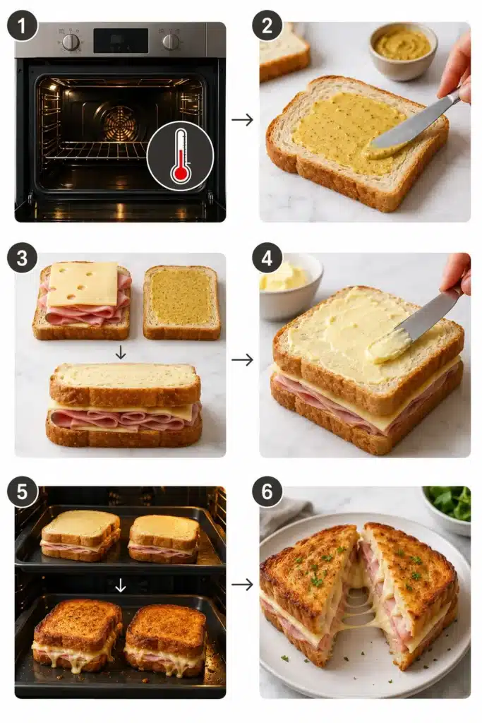 Hands layering ham, sauce, and cheese onto toasted bread before baking