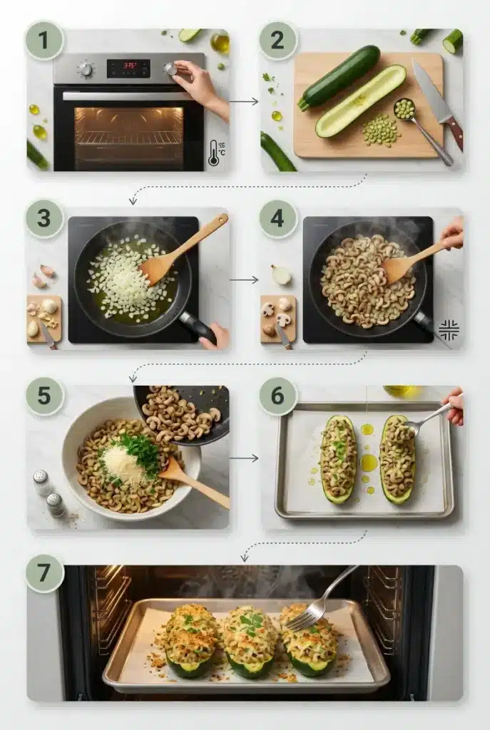 Mushroom & Herb Stuffed Zucchini Boats Recipe 8 Mushroom filling cooking in a skillet while zucchini halves are prepared for baking