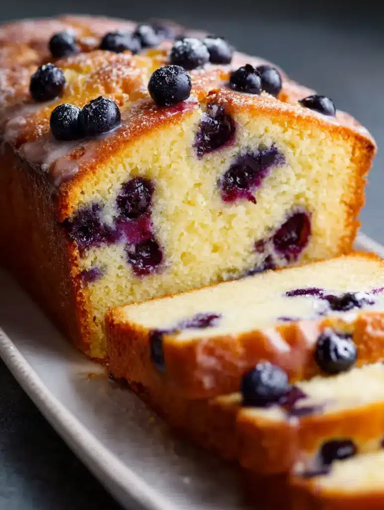 Thick slices of glazed loaf cake served on a plate with fresh fruit garnish
