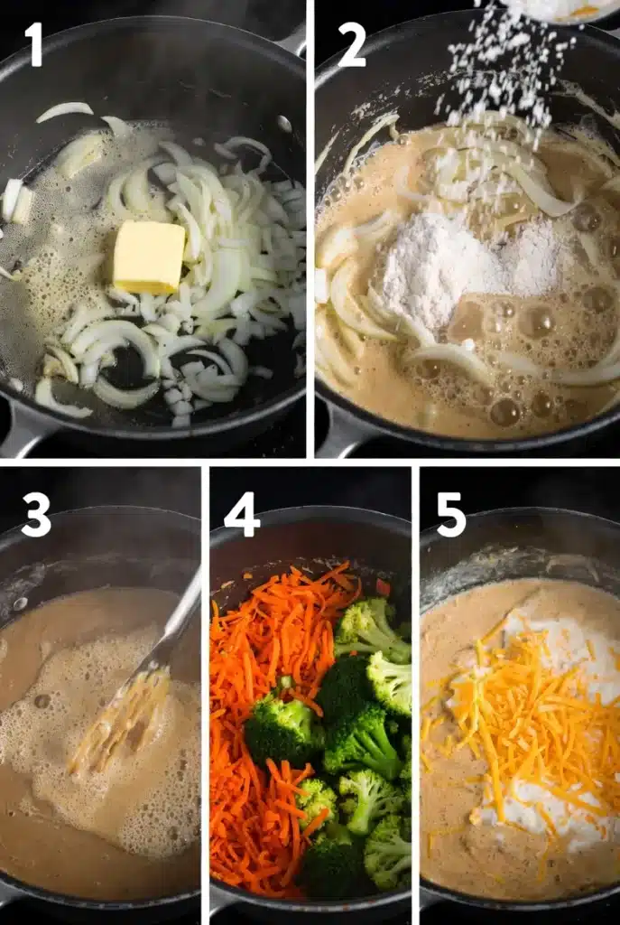 Copycat Panera Broccoli Cheddar Soup for Cozy Dinners 8 Cooking creamy broccoli cheese soup step by step in a large pot with vegetables and melted cheese