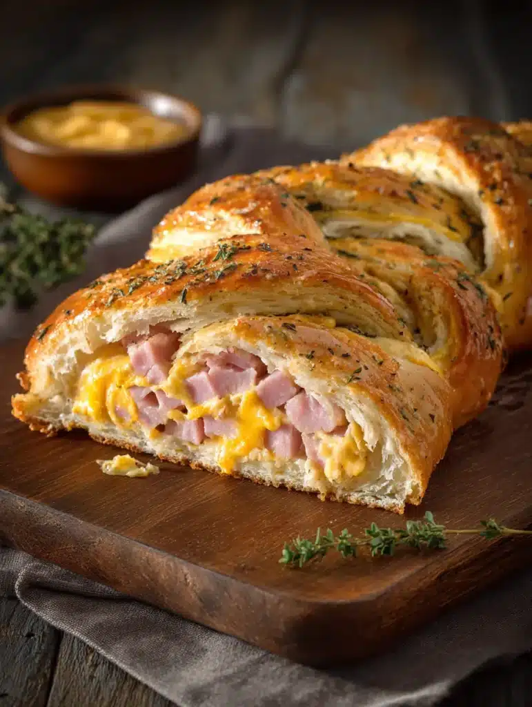 Ham and cheese layered onto crescent dough before braiding and baking