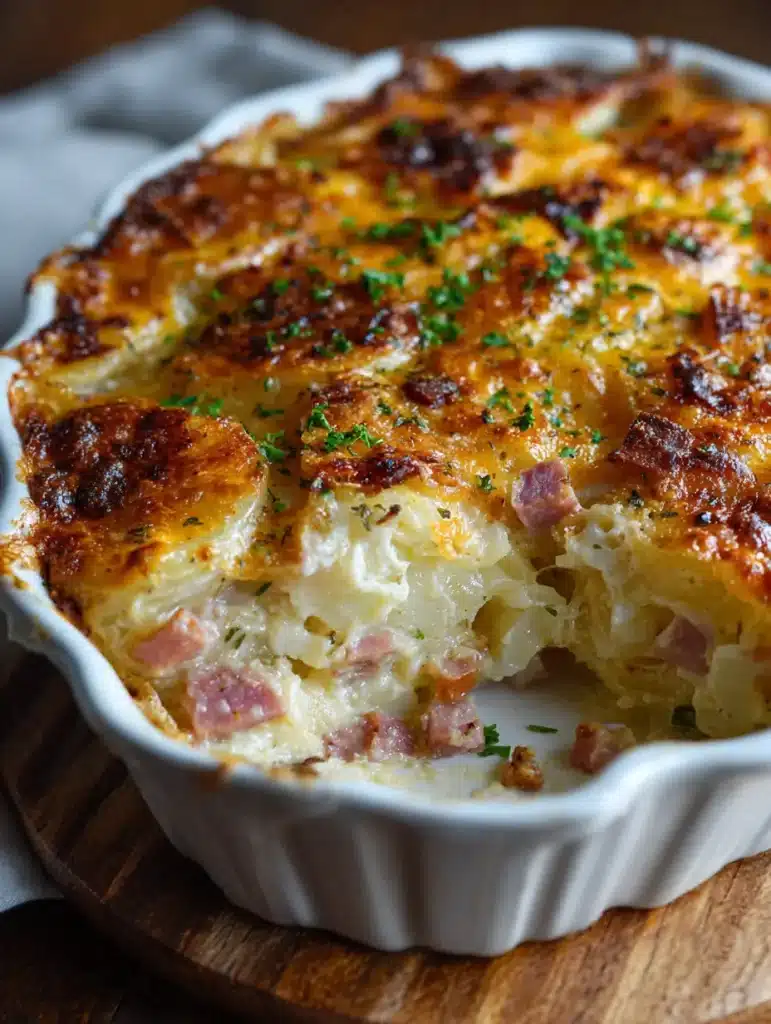 Baked Cheesy Turkey Ham Potato Casserole Ready to Serve