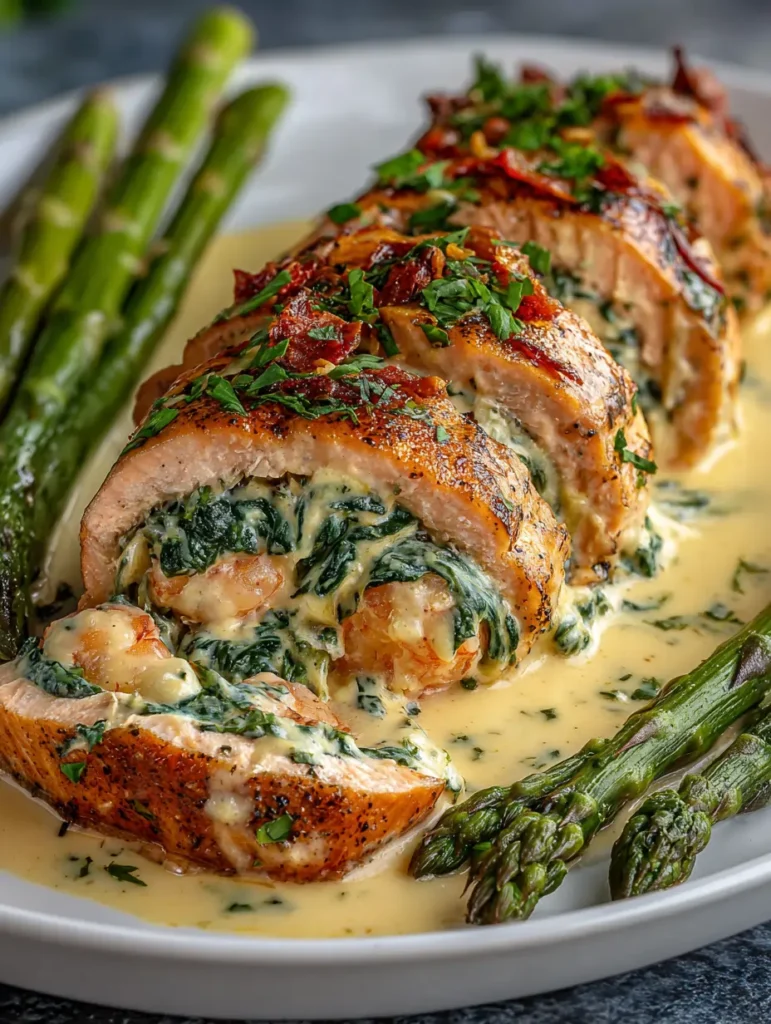 Finished stuffed salmon served with creamy sauce, spinach, and tender shrimp
