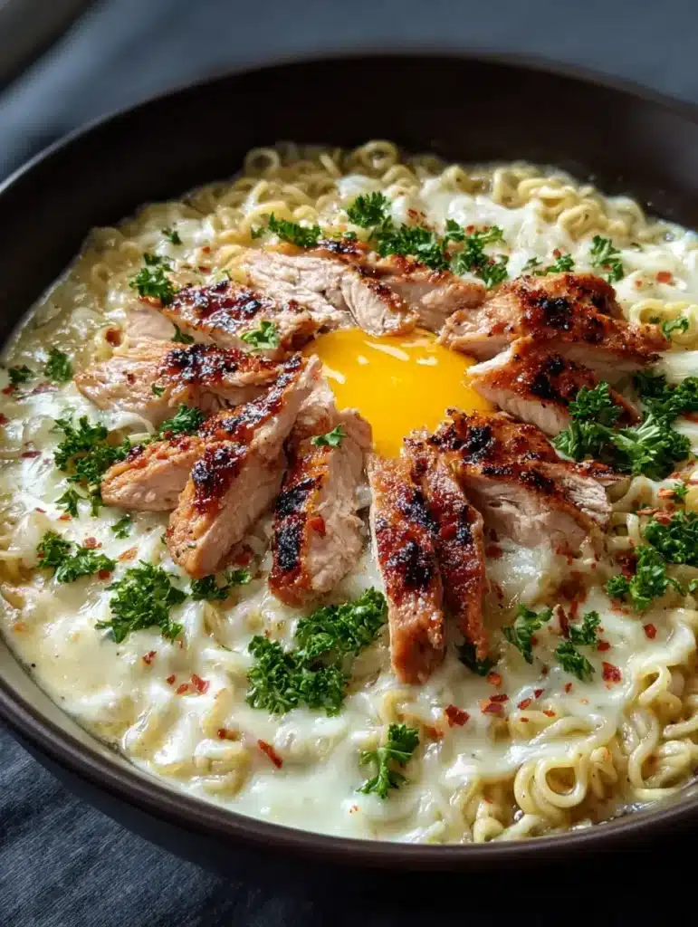 Preparing spicy carbonara noodles with melted cheese and garlic in a pan