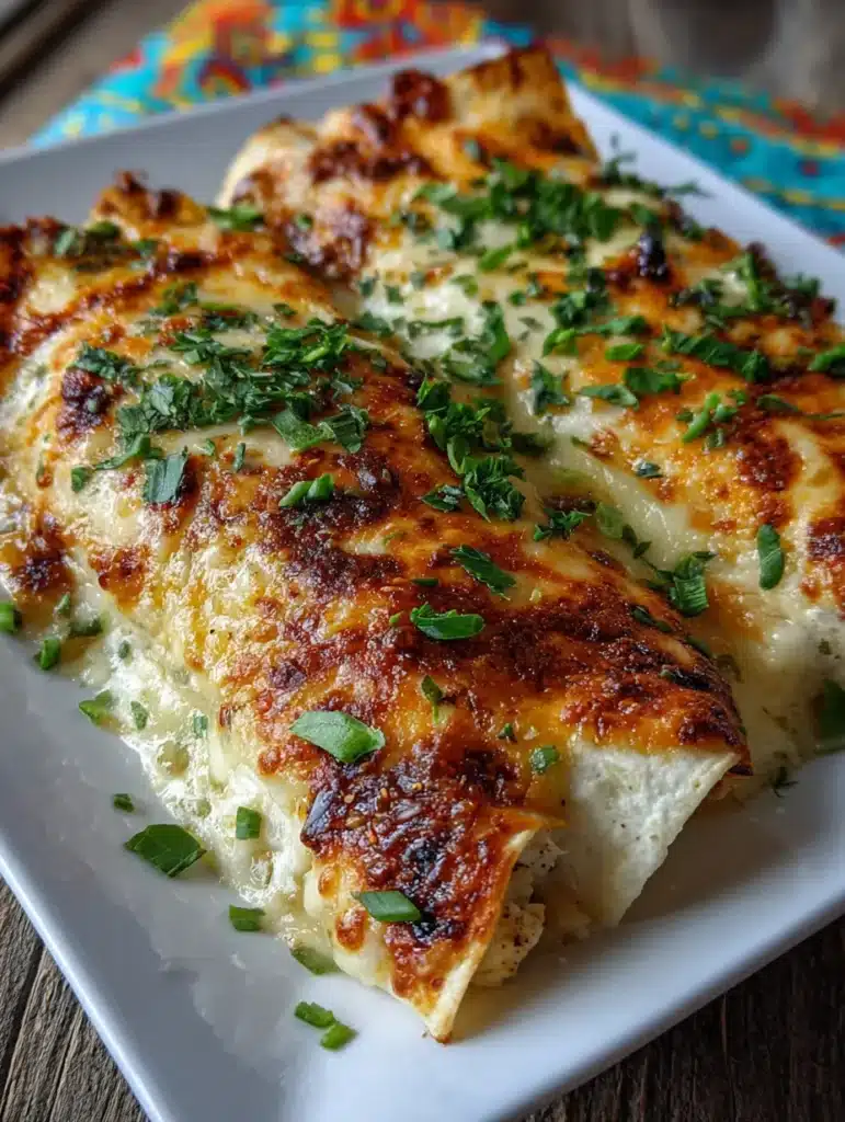 Finished enchiladas topped with melted white cheese and spicy garnish