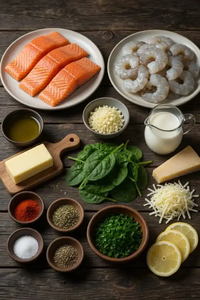 Creamy Tuscan Shrimp Stuffed Salmon baked with garlic cream sauce and spinach
