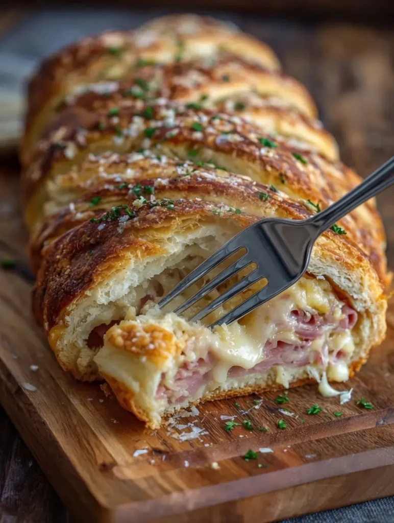 Freshly baked crescent pastry sliced to reveal warm cheese filling