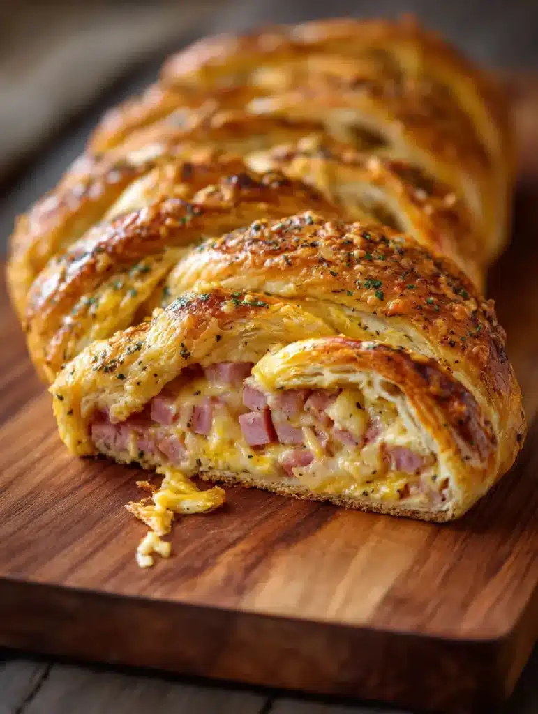 Sliced baked braid showing melted cheese and savory filling inside