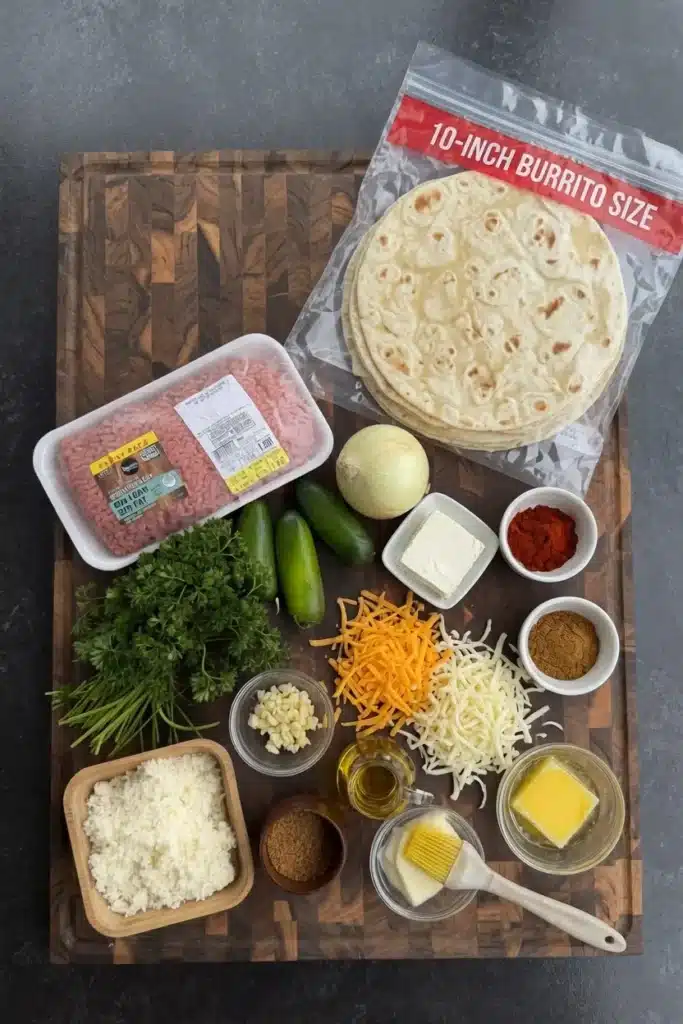 30-Minute Irresistible Crispy Beef Tortilla Pinwheels 11 Ingredients arranged for tortilla roll-ups including ground beef, tortillas, cheese, and seasonings
