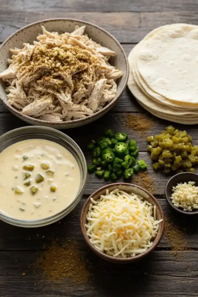 Ingredients arranged for enchiladas including tortillas, shredded chicken, white cheese sauce, and seasonings