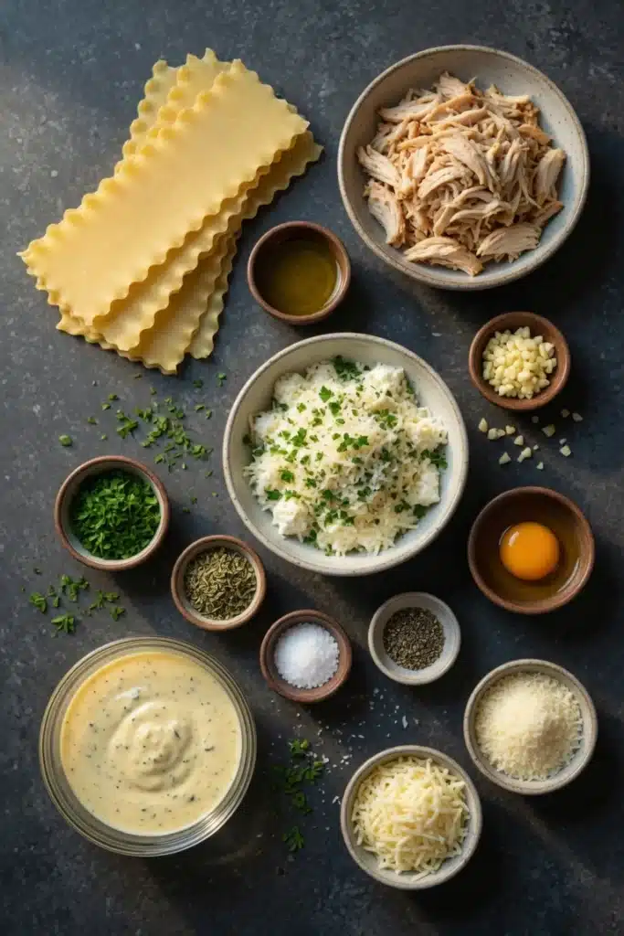 Ingredients arranged for chicken lasagna including pasta sheets, shredded chicken, parmesan, garlic, and cream