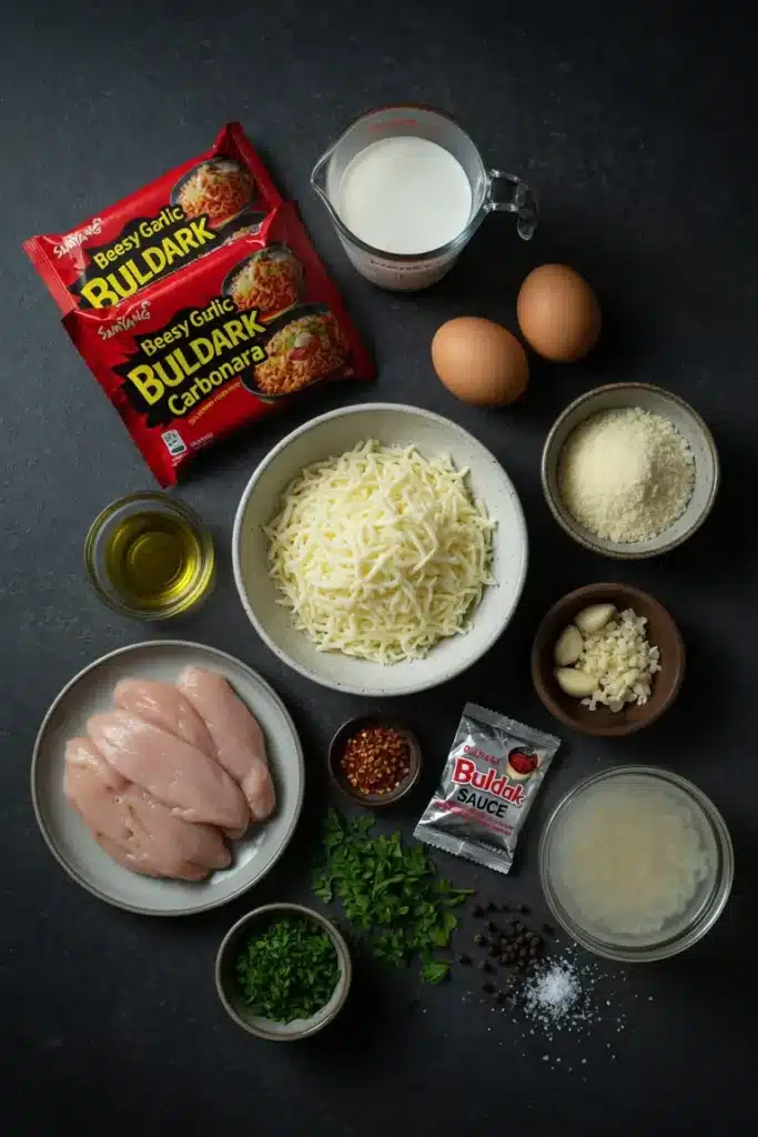 Ingredients arranged for spicy cheesy ramen including instant noodles, cheese, garlic, cream, and seasonings