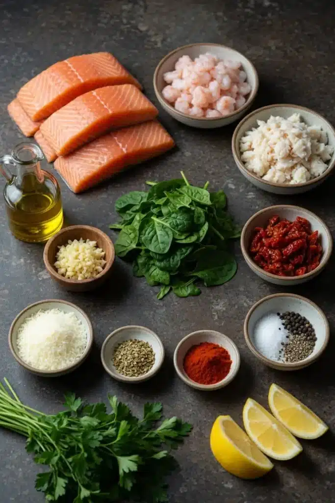 Indulgent 40-Minute Tuscan Shrimp & Crab Stuffed Salmon 11 Fresh salmon, shrimp, crab meat, spinach, cream, garlic, parmesan, and sun-dried tomatoes arranged for cooking