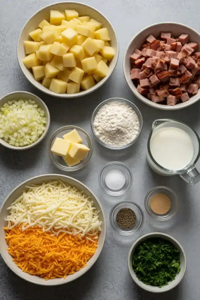 Fresh ingredients arranged for casserole including potatoes, turkey ham, shredded cheese, cream, and seasonings