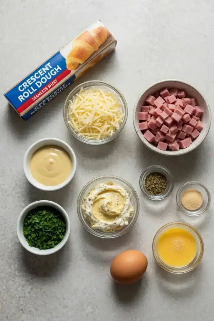 Ingredients arranged for a flaky ham and cheese pastry including crescent dough, sliced ham, cheese, and butter