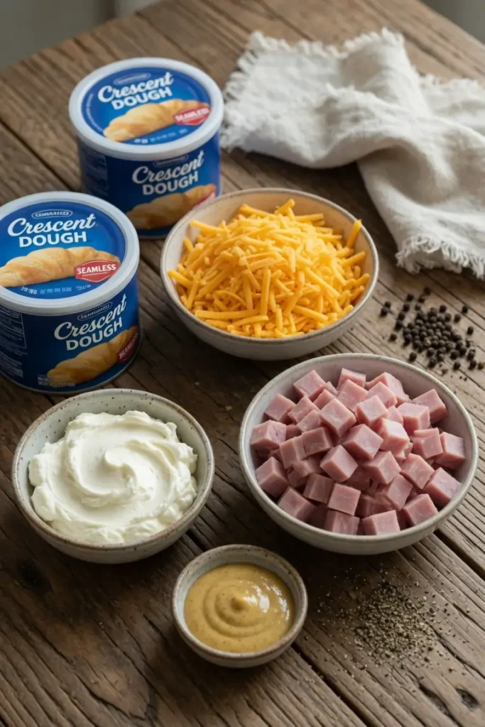 Crescent dough, sliced ham, cheddar cheese, butter, and seasonings arranged on a countertop