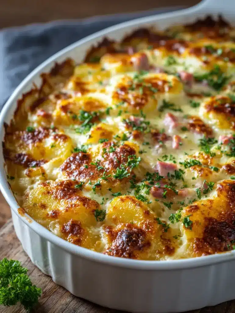 Preparing layered potato casserole with cream, cheese, and diced turkey ham in a baking dish