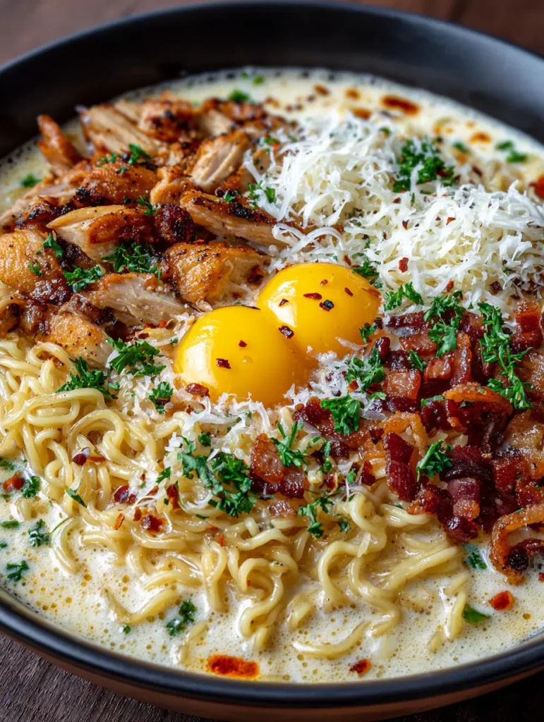 Finished bowl of creamy spicy ramen topped with melted cheese and garlic