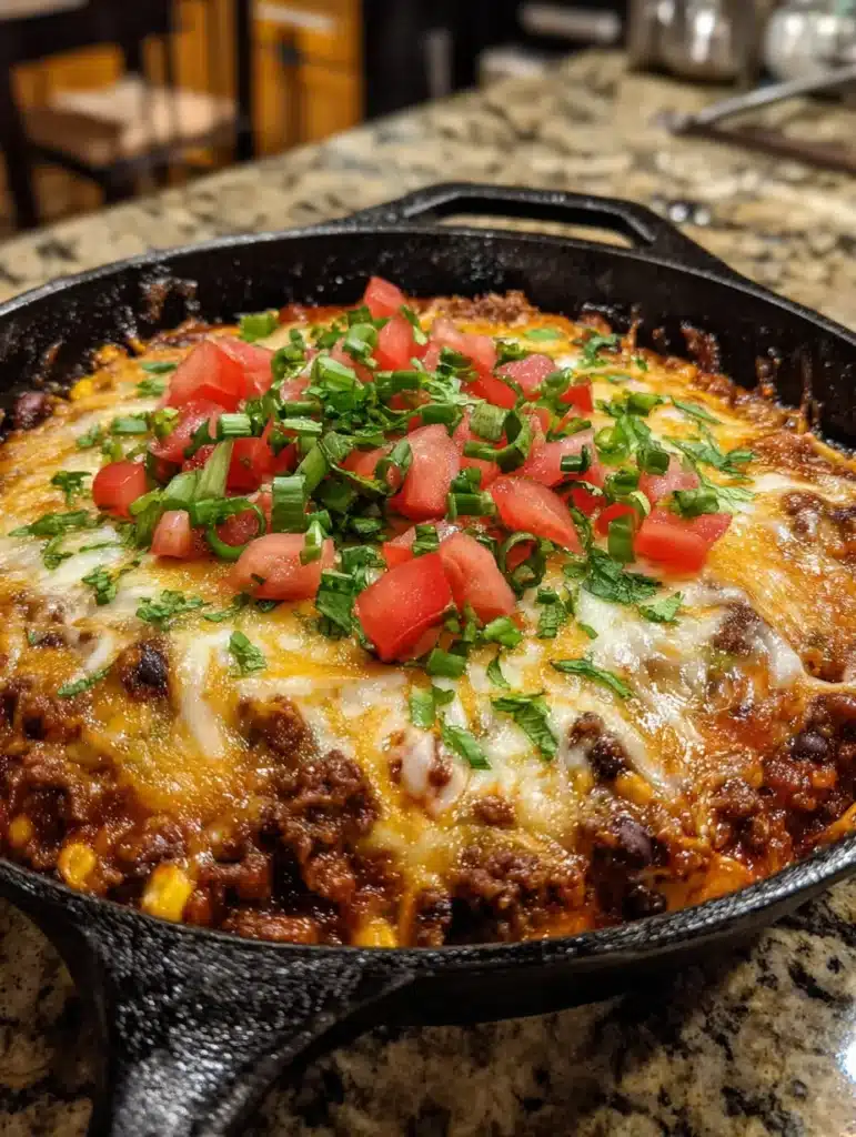 Irresistible Cheesy Beef Enchilada Casserole Skillet 12 Layering seasoned beef, tortillas, sauce, and cheese in a skillet before baking