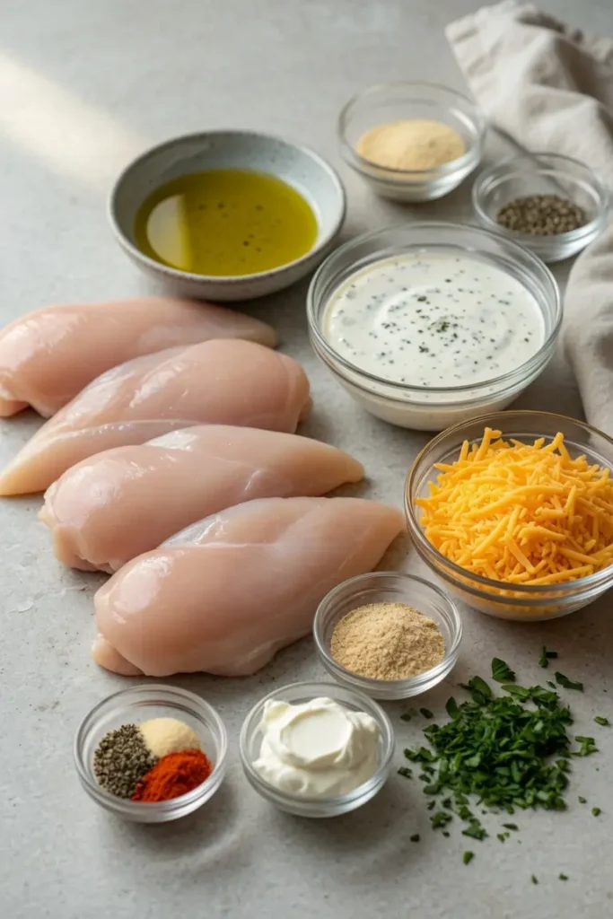 30-Minute Irresistible Creamy Ranch Cheesy Baked Chicken 11 Ingredients arranged for baked chicken including ranch seasoning, cheese, cream, and chicken breasts
