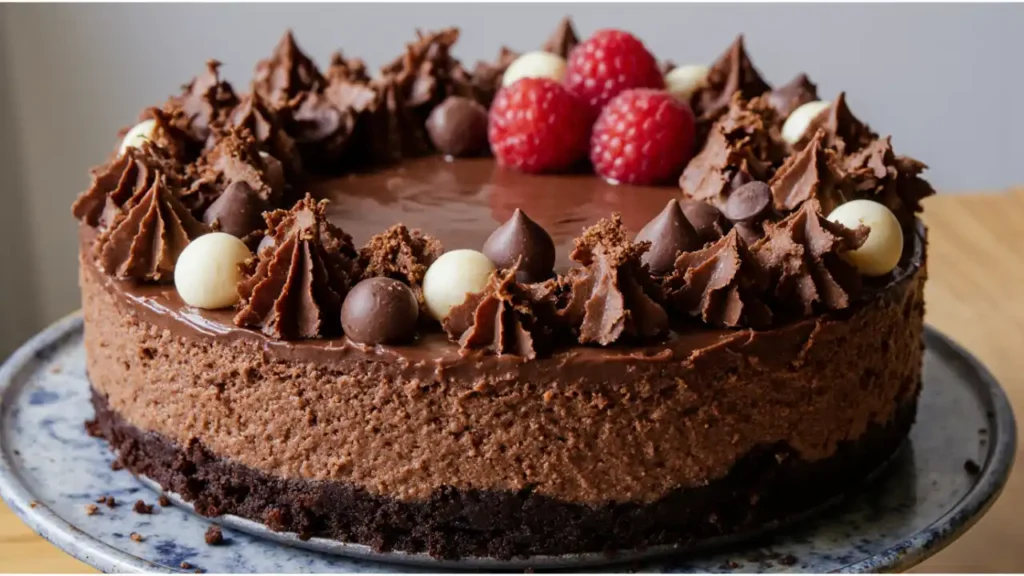 No-bake chocolate cheesecake with creamy chocolate filling and cookie crust
