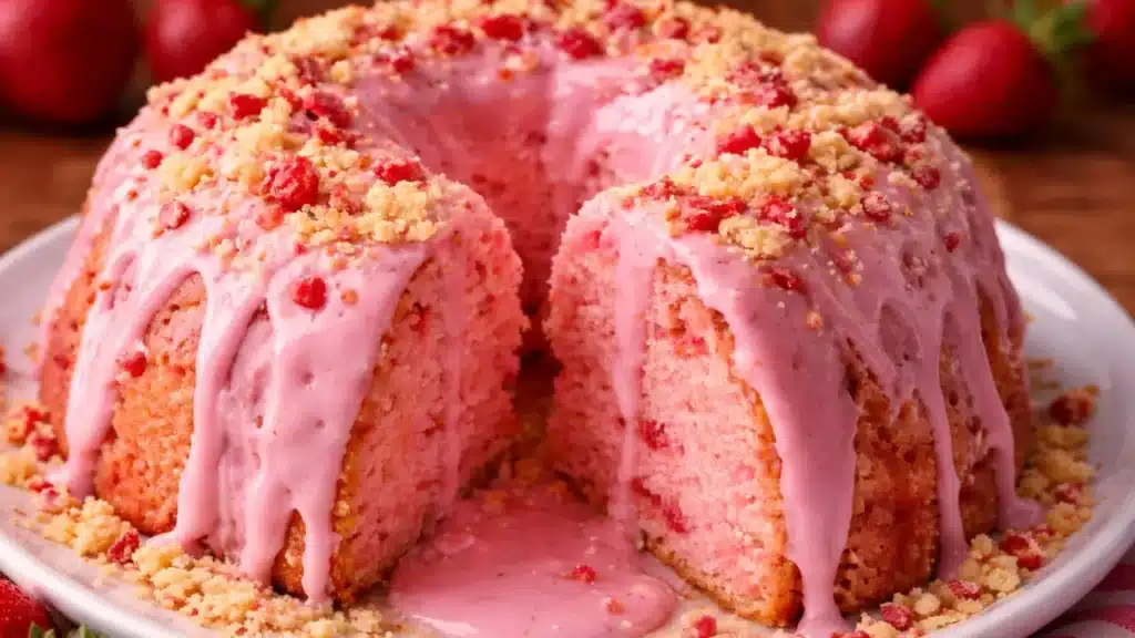 Strawberry cheesecake bundt cake with creamy strawberry glaze dripping over a sliced cake filled with cheesecake swirls and fresh strawberry pieces.